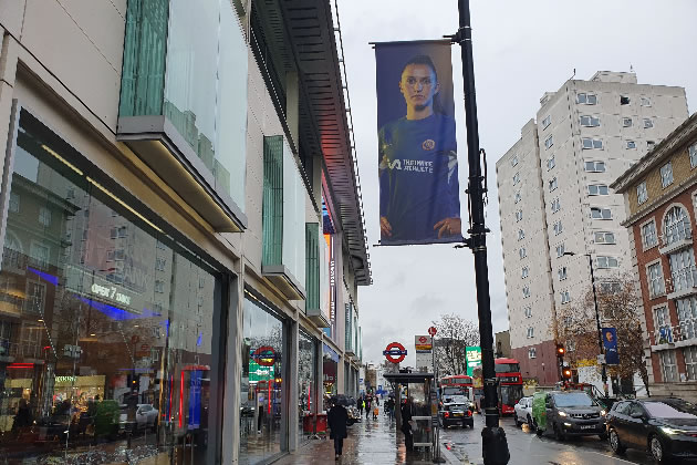 Stamford Bridge is located on Fulham Road, beyond Fulham Broadway station