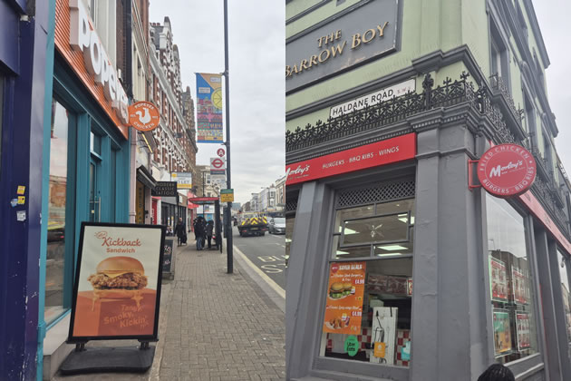 Left: Popeyes on North End Road. Right: Morley's on the corner of Haldane Road 