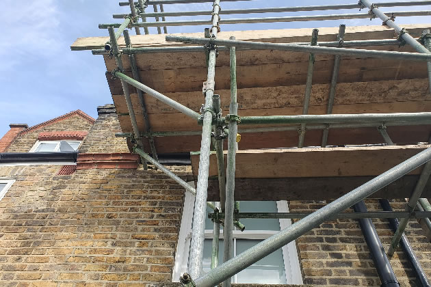 Scaffolding outside Sue Roberts' house 