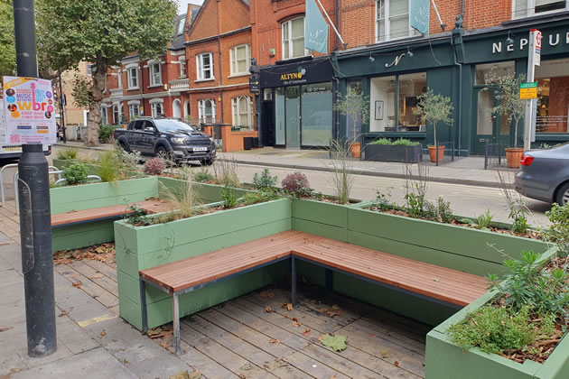 One of the parklets on Wandsworth Bridge Road 