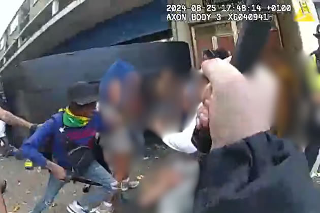 Body worn camera footage shows Shakeil Thibou poised to stab with a large knife