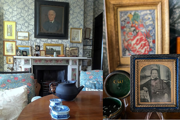 Left: Drawing Room with portrait of Walker by Neville Lytton dated 1906. Right: Portrait of Emery Walker as a boy beside a box dedicated to him by his daughter, Dorothy. © Lucinda MacPherson©