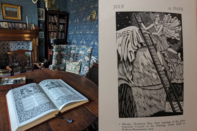 Left:  Dining Room Emery Walker's House. Right: July, from 1929 Almanac, published by the Golden Cockerel Press, with woodcut illustrations by Eric Ravilious. Picture: Lucinda MacPherson