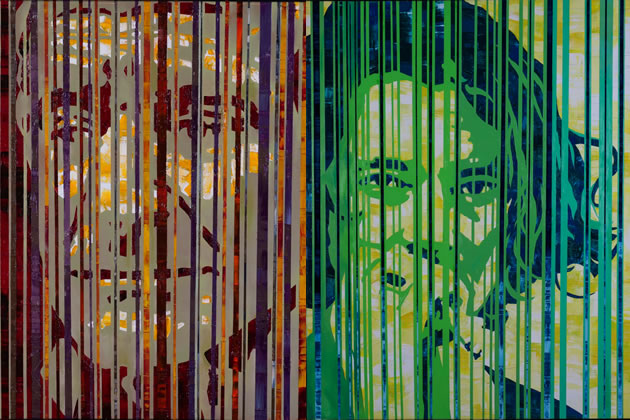 Portraits by Damien McGinley of Robin Williams (left) and Michael Hutchence (right) 